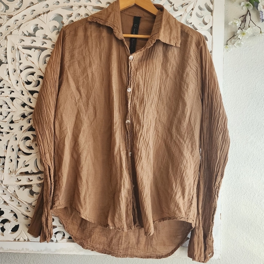 Q HOUSEBOF BASICS BROWN GAZE BLOUSE ORGANIC FRONT BUTTON UNISEX SMALL - Picture 4 of 13